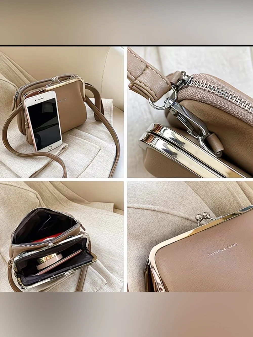 Monochromatic Brown Crossbody Bag Feat Distinctive Clip Lock Closure(SKU759)